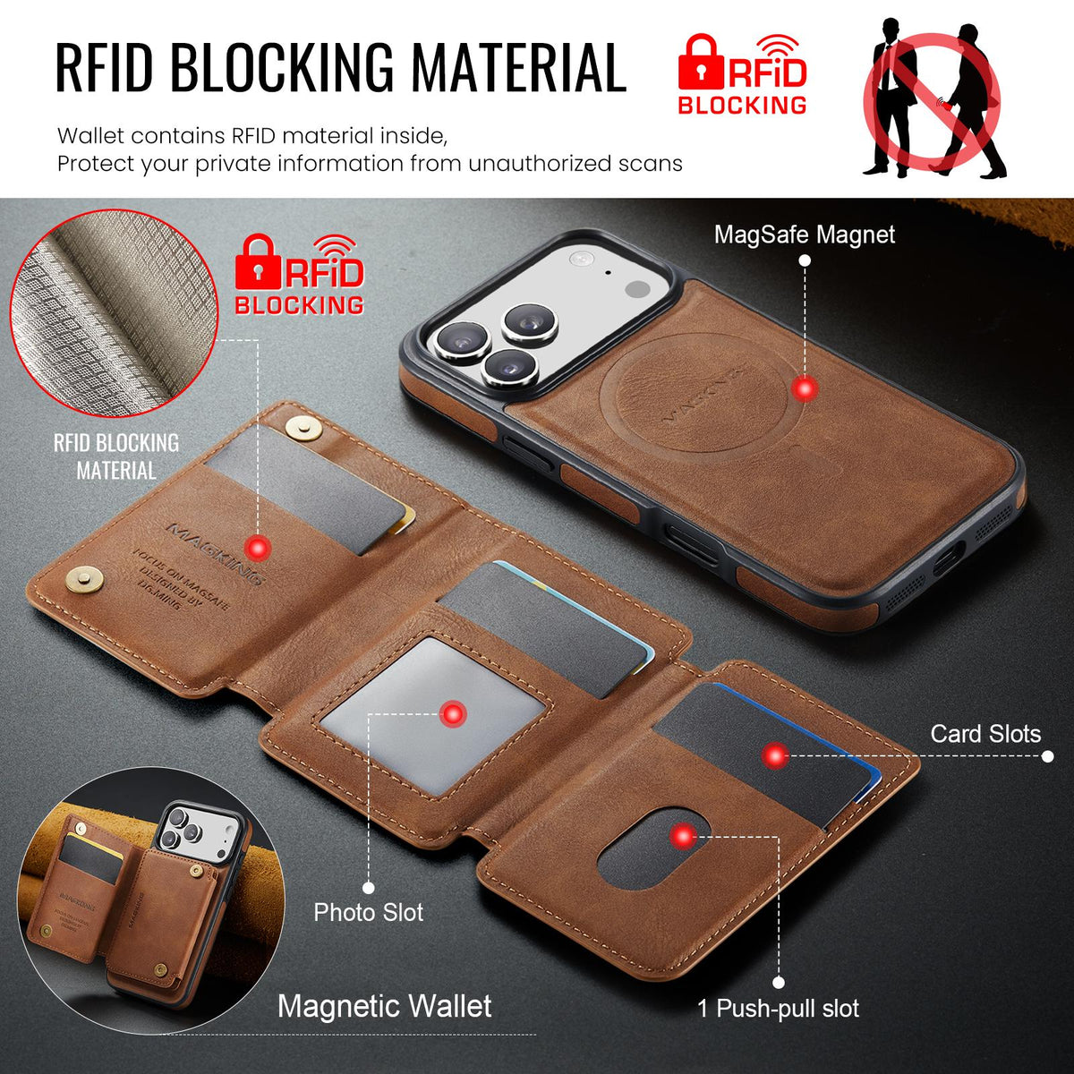 Compatible with iPhone 18 Pro Max & 17 Pro Max MAGKING K3 Series MagSafe RFID K3 Pro Card Bag Detachable Phone Case - Brown