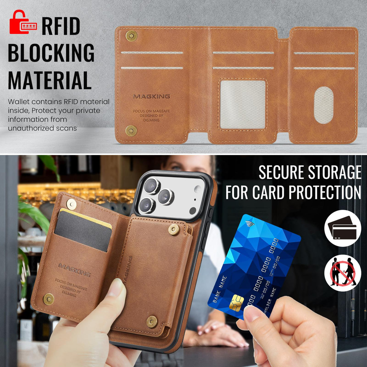 Compatible with iPhone 18 Pro Max & 17 Pro Max MAGKING K3 Series MagSafe RFID K3 Pro Card Bag Detachable Phone Case - Brown