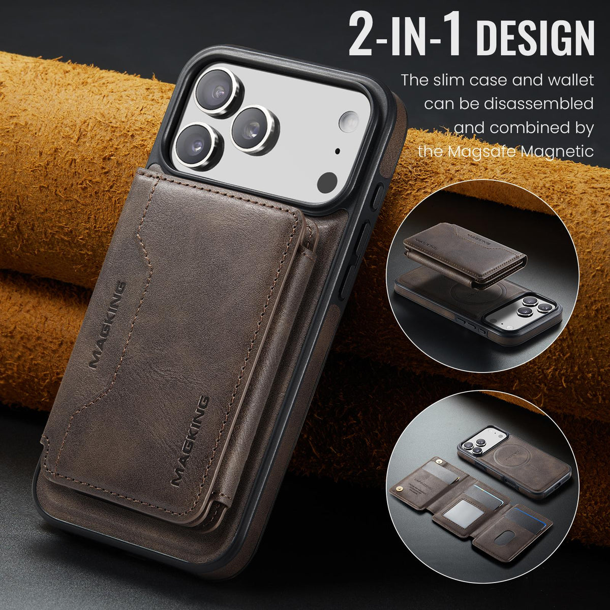 Compatible with iPhone 18 Pro Max & 17 Pro Max MAGKING K3 Series MagSafe RFID K3 Pro Card Bag Detachable Phone Case - Coffee