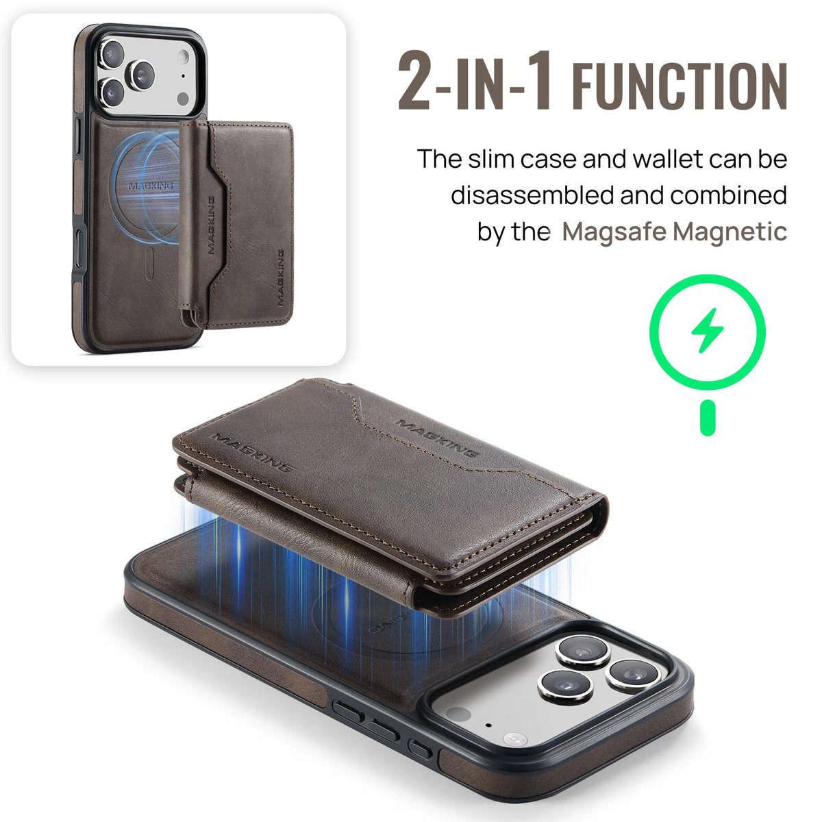 Compatible with iPhone 18 Pro Max & 17 Pro Max MAGKING K3 Series MagSafe RFID K3 Pro Card Bag Detachable Phone Case - Coffee
