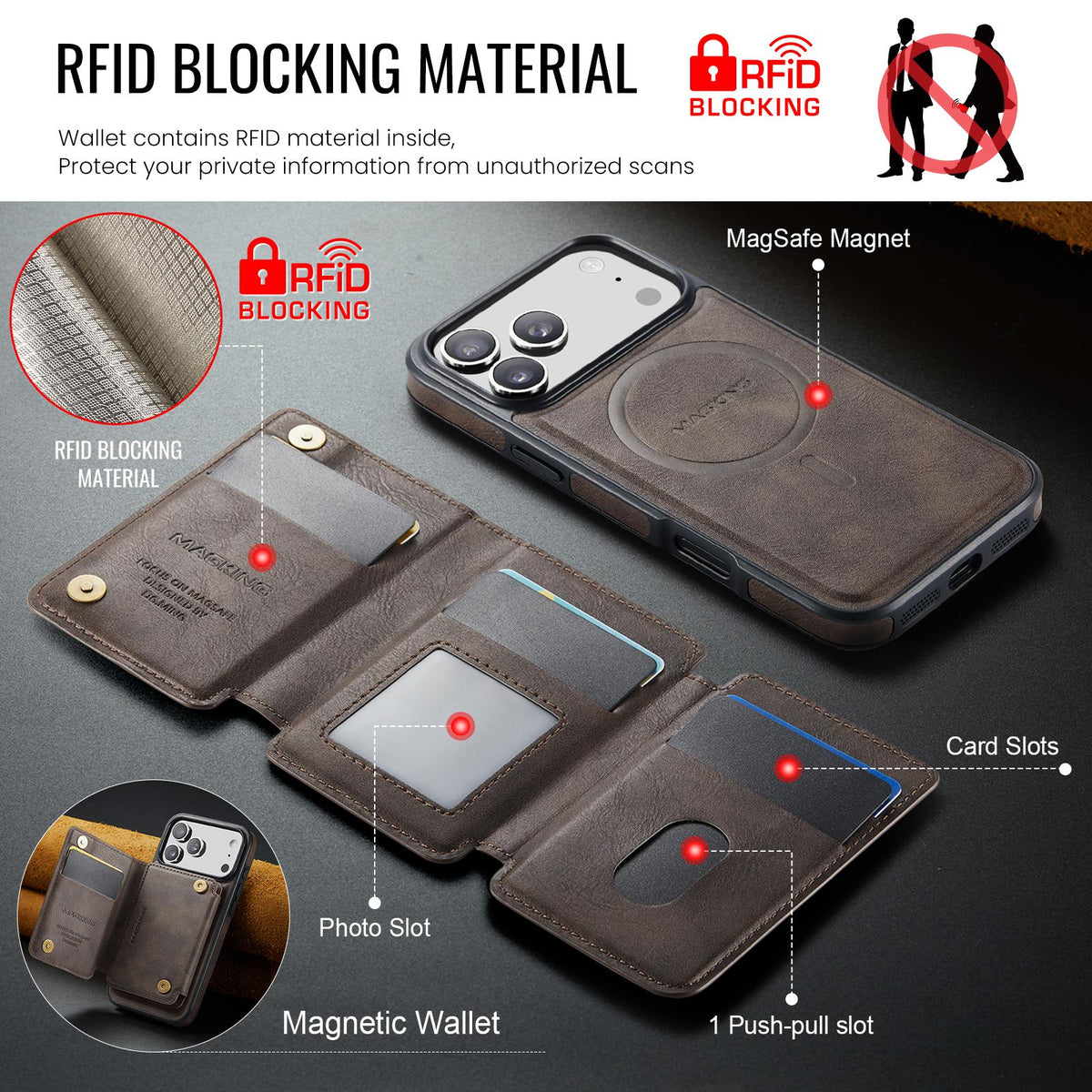 Compatible with iPhone 18 Pro Max & 17 Pro Max MAGKING K3 Series MagSafe RFID K3 Pro Card Bag Detachable Phone Case - Coffee