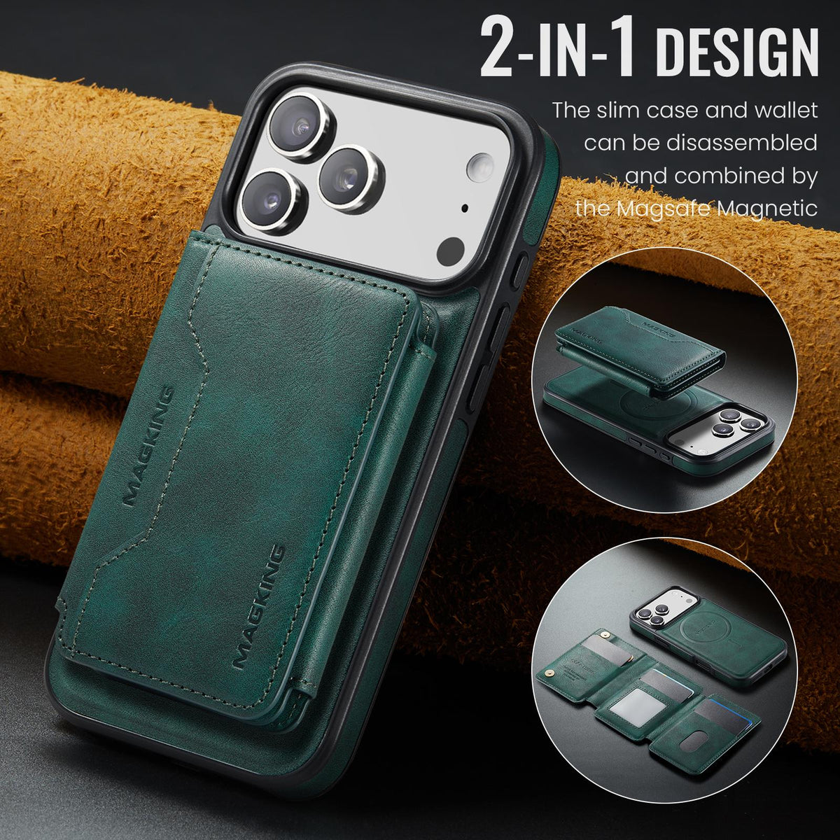 Compatible with iPhone 18 Pro Max & 17 Pro Max MAGKING K3 Series MagSafe RFID K3 Pro Card Bag Detachable Phone Case - Green
