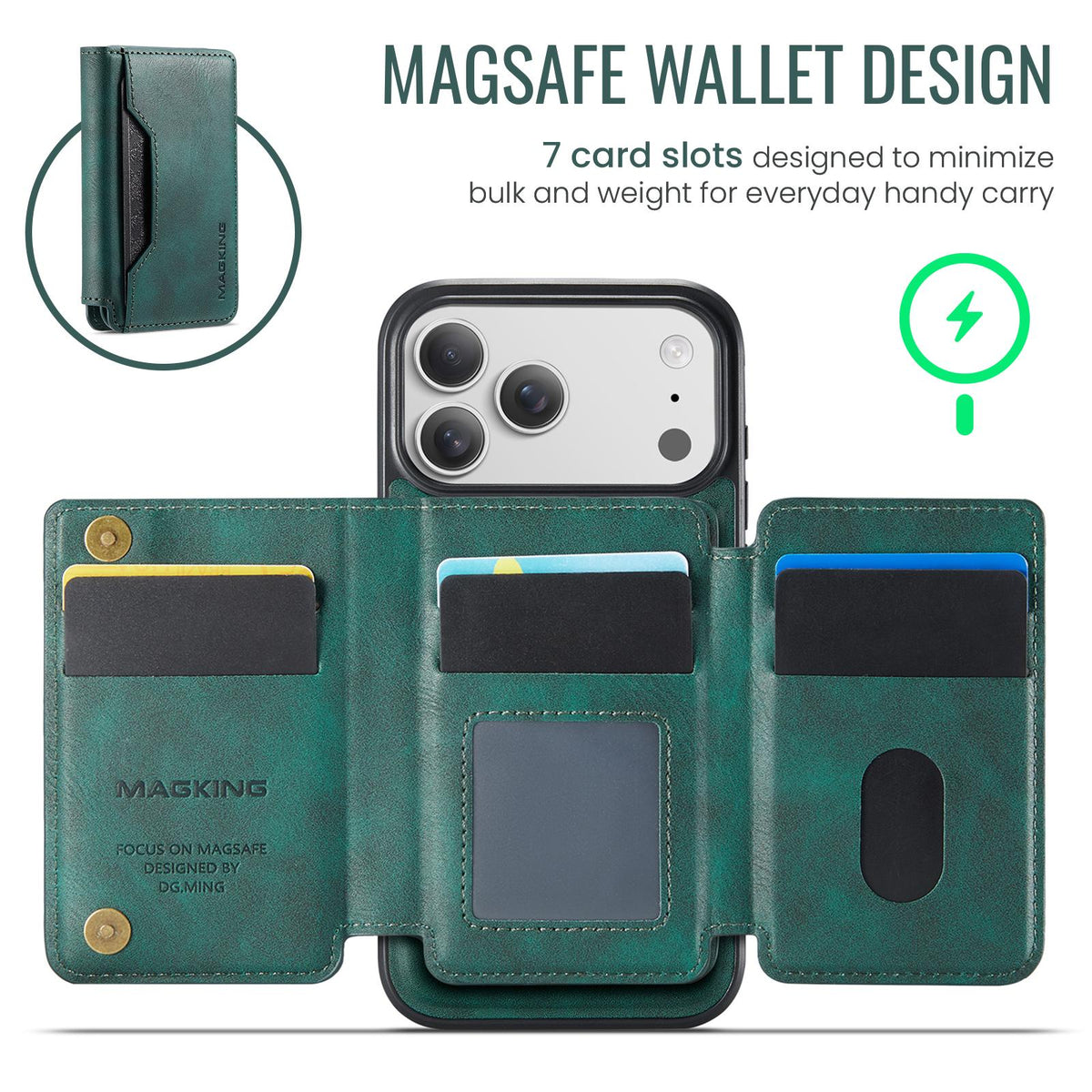 Compatible with iPhone 18 Pro Max & 17 Pro Max MAGKING K3 Series MagSafe RFID K3 Pro Card Bag Detachable Phone Case - Green