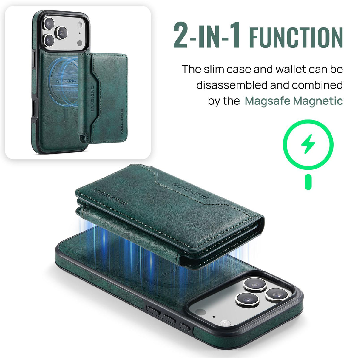 Compatible with iPhone 18 Pro Max & 17 Pro Max MAGKING K3 Series MagSafe RFID K3 Pro Card Bag Detachable Phone Case - Green