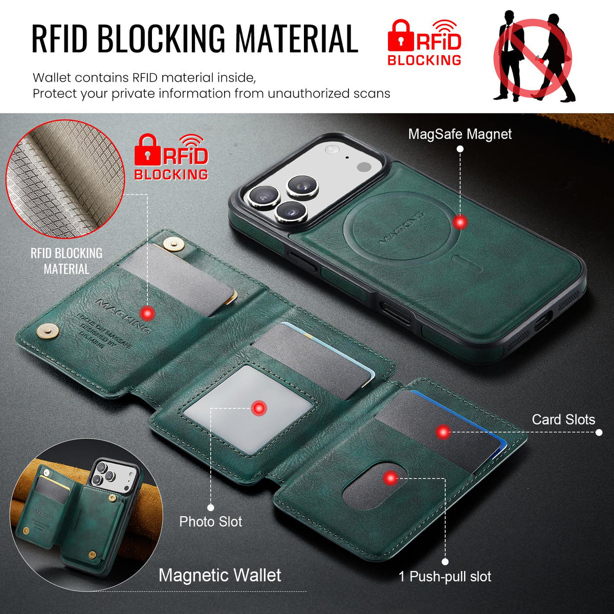 Compatible with iPhone 18 Pro Max & 17 Pro Max MAGKING K3 Series MagSafe RFID K3 Pro Card Bag Detachable Phone Case - Green
