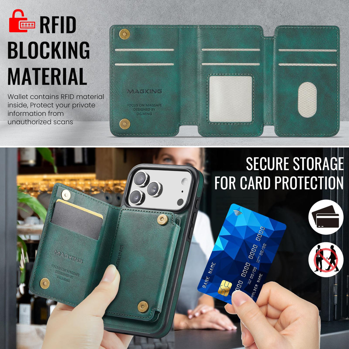 Compatible with iPhone 18 Pro Max & 17 Pro Max MAGKING K3 Series MagSafe RFID K3 Pro Card Bag Detachable Phone Case - Green