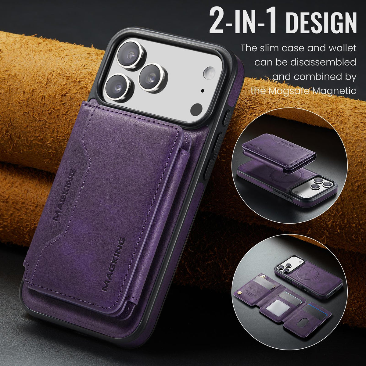 Compatible with iPhone 18 Pro Max & 17 Pro Max MAGKING K3 Series MagSafe RFID K3 Pro Card Bag Detachable Phone Case - Purple