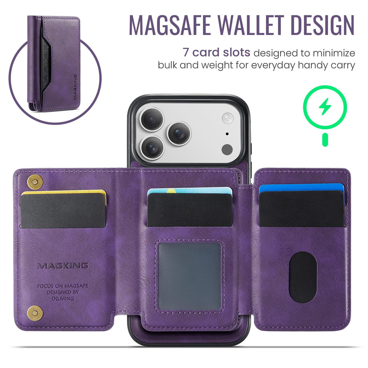 Compatible with iPhone 18 Pro Max & 17 Pro Max MAGKING K3 Series MagSafe RFID K3 Pro Card Bag Detachable Phone Case - Purple
