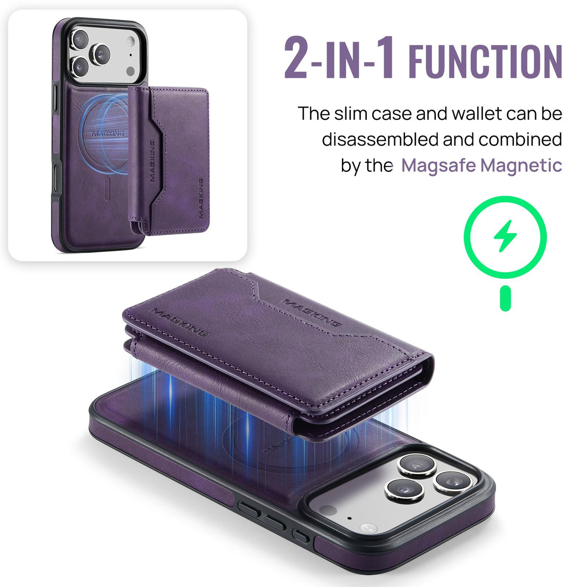 Compatible with iPhone 18 Pro Max & 17 Pro Max MAGKING K3 Series MagSafe RFID K3 Pro Card Bag Detachable Phone Case - Purple