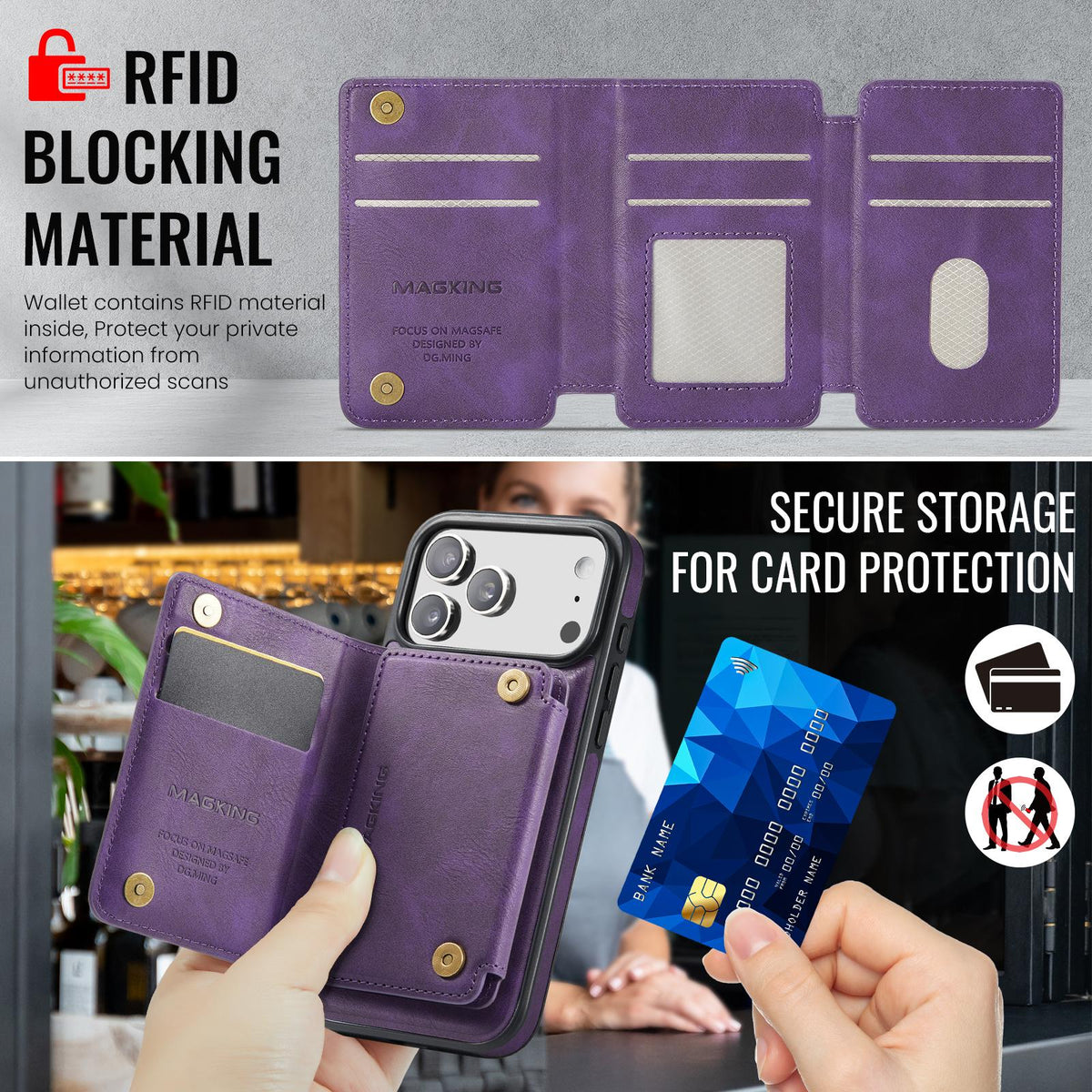 Compatible with iPhone 18 Pro Max & 17 Pro Max MAGKING K3 Series MagSafe RFID K3 Pro Card Bag Detachable Phone Case - Purple