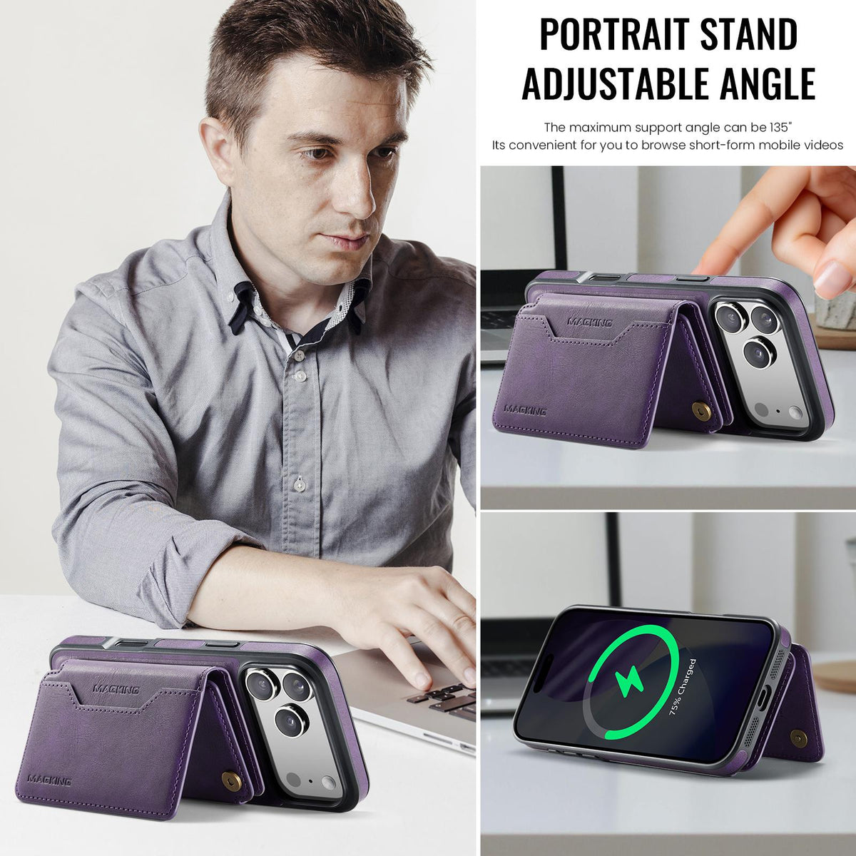 Compatible with iPhone 18 Pro Max & 17 Pro Max MAGKING K3 Series MagSafe RFID K3 Pro Card Bag Detachable Phone Case - Purple