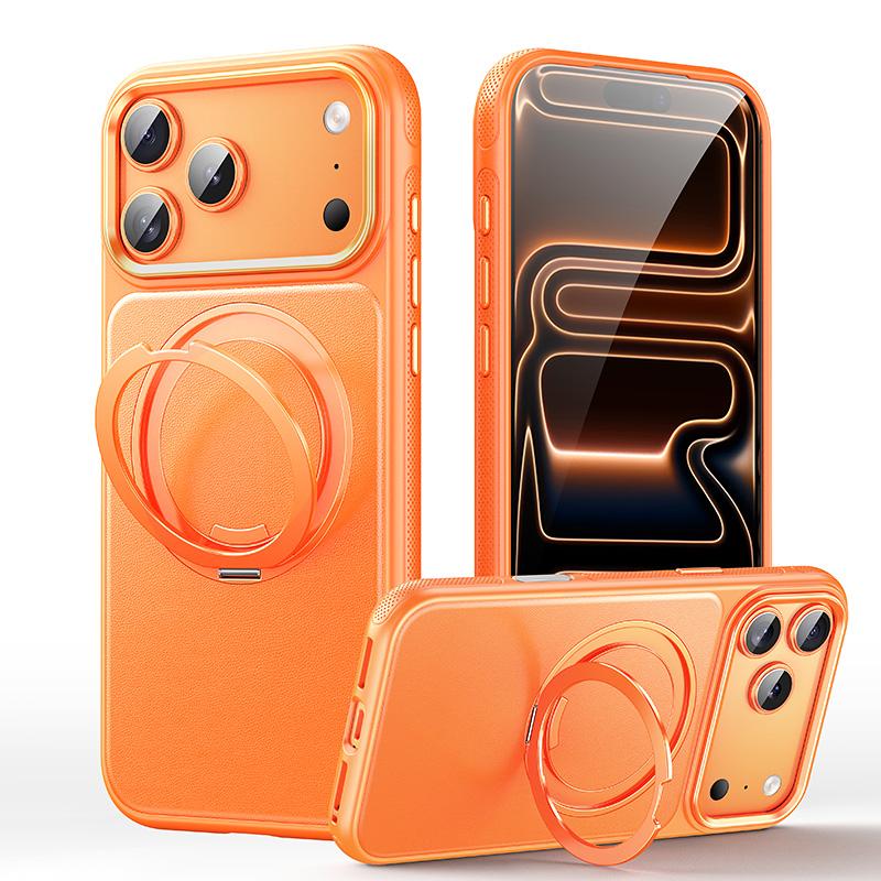 Compatible with iPhone 18 Pro Max Leather Texture 360 Degrees Rotating Magnetic Holder Phone Case - Orange