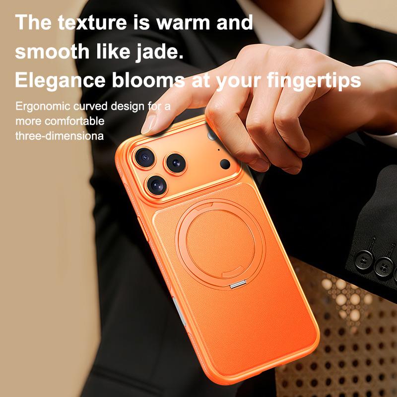 Compatible with iPhone 18 Pro Max Leather Texture 360 Degrees Rotating Magnetic Holder Phone Case - Orange
