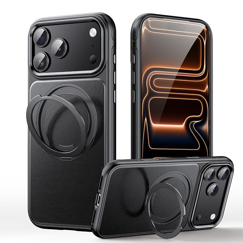 Compatible with iPhone 18 Pro Max Leather Texture 360 Degrees Rotating Magnetic Holder Phone Case - Black
