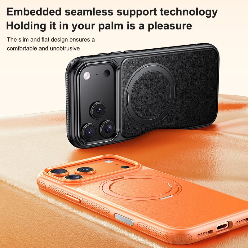 Compatible with iPhone 18 Pro Max Leather Texture 360 Degrees Rotating Magnetic Holder Phone Case - Black