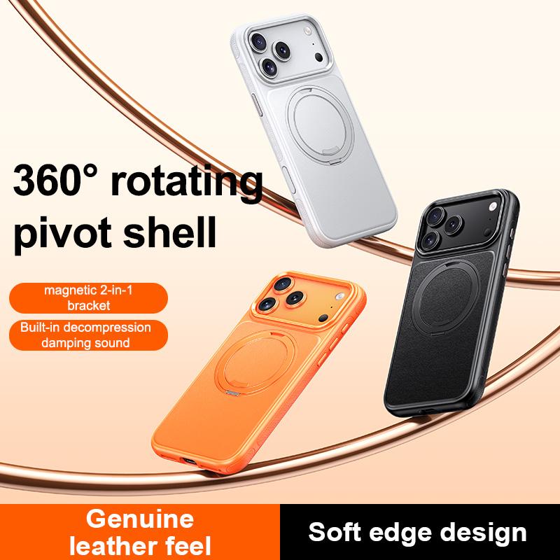 Compatible with iPhone 18 Pro Max Leather Texture 360 Degrees Rotating Magnetic Holder Phone Case - Silver