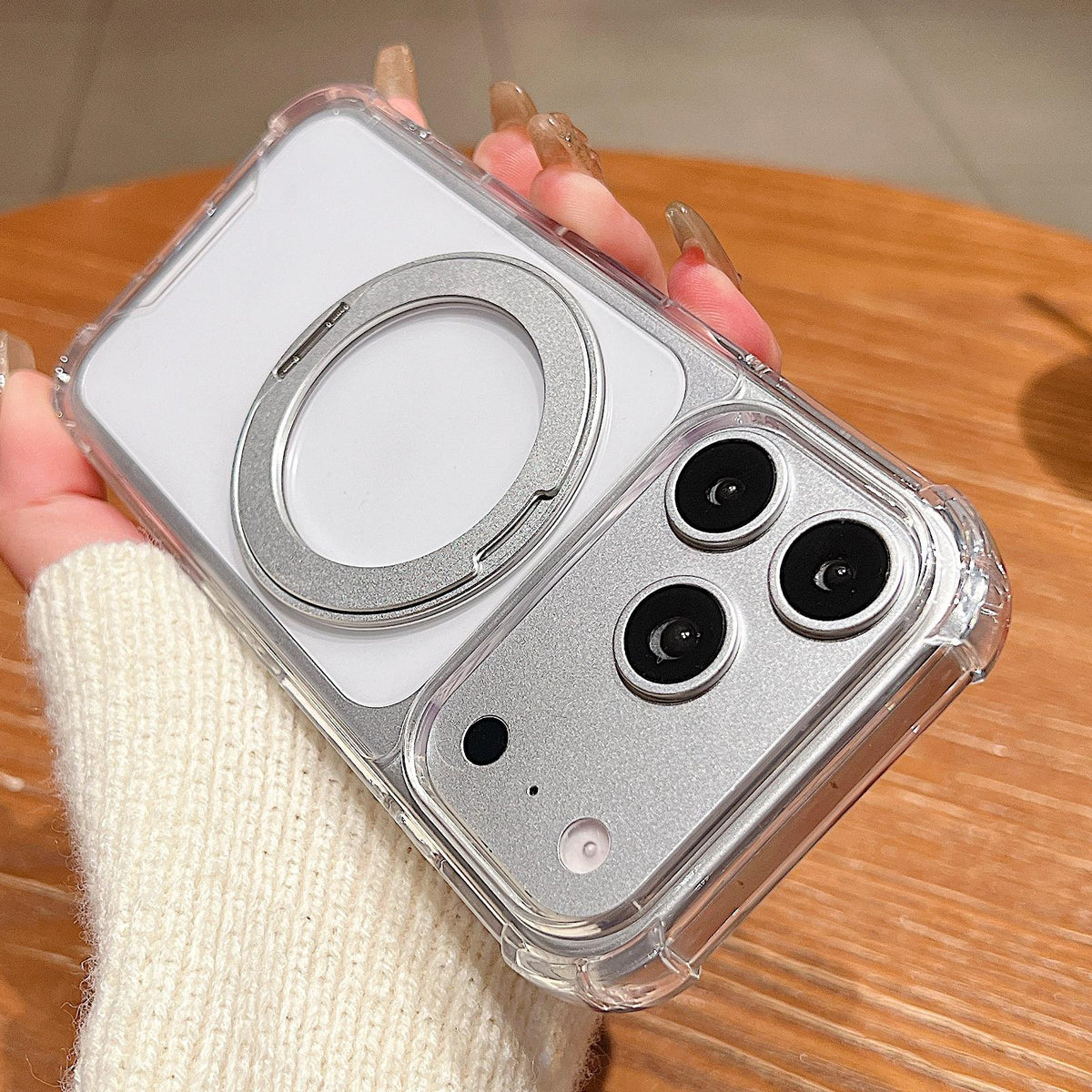 Compatible with iPhone 18 Pro Max Four Corner Shockproof Space Magnetic Phone Case with 360 Degrees Rotating Holder - Transparent