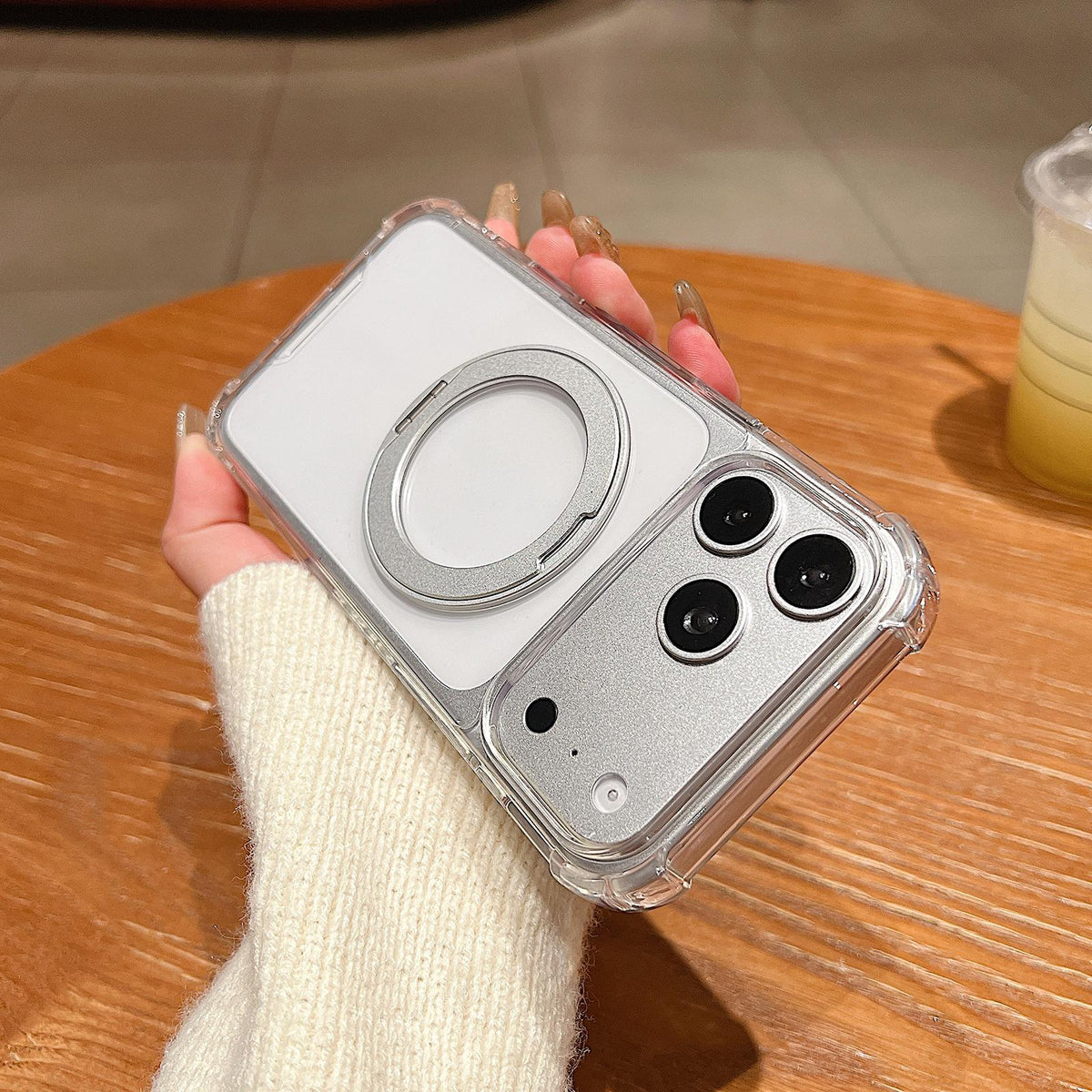 Compatible with iPhone 18 Pro Max Four Corner Shockproof Space Magnetic Phone Case with 360 Degrees Rotating Holder - Transparent