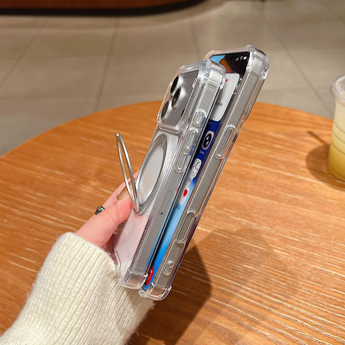 Compatible with iPhone 18 Pro Max Four Corner Shockproof Space Magnetic Phone Case with 360 Degrees Rotating Holder - Transparent