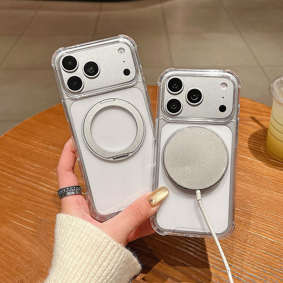 Compatible with iPhone 18 Pro Max Four Corner Shockproof Space Magnetic Phone Case with 360 Degrees Rotating Holder - Transparent