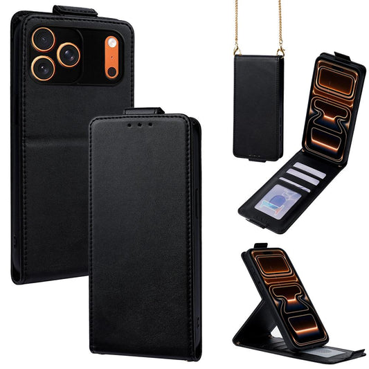 Compatible with iPhone 18 Pro Max & 17 Pro Max Vertical Flip Cover Solid Color Vegan Leather Phone Case with Crossbody Chain - Black