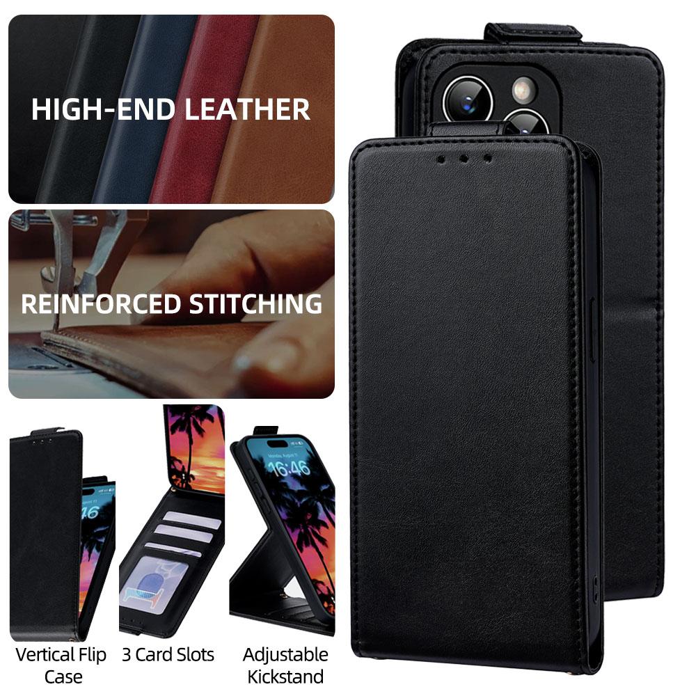 Compatible with iPhone 18 Pro Max & 17 Pro Max Vertical Flip Cover Solid Color Vegan Leather Phone Case with Crossbody Chain - Black
