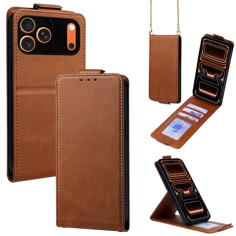 Compatible with iPhone 18 Pro Max & 17 Pro Max Vertical Flip Cover Solid Color Vegan Leather Phone Case with Crossbody Chain - Brown