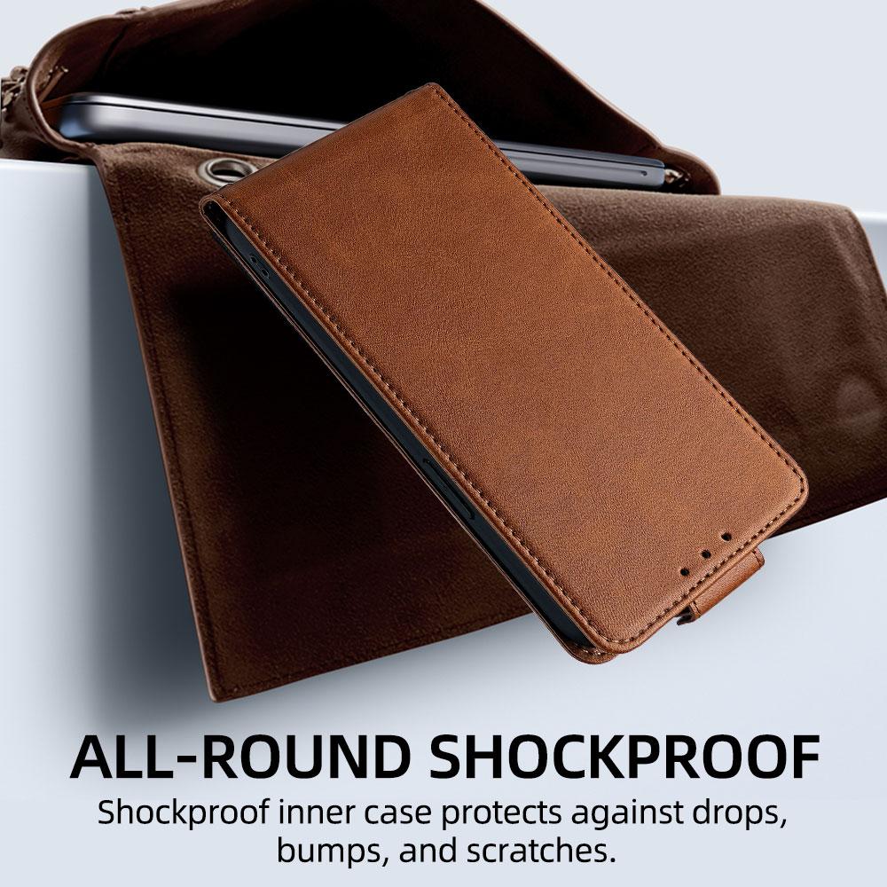 Compatible with iPhone 18 Pro Max & 17 Pro Max Vertical Flip Cover Solid Color Vegan Leather Phone Case with Crossbody Chain - Brown