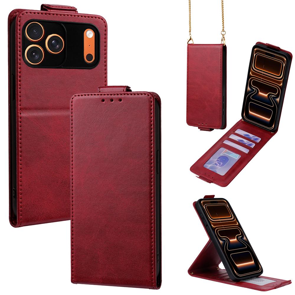 Compatible with iPhone 18 Pro Max & 17 Pro Max Vertical Flip Cover Solid Color Vegan Leather Phone Case with Crossbody Chain - Red