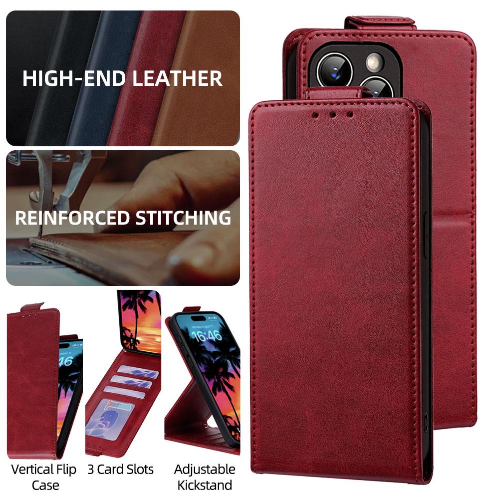 Compatible with iPhone 18 Pro Max & 17 Pro Max Vertical Flip Cover Solid Color Vegan Leather Phone Case with Crossbody Chain - Red
