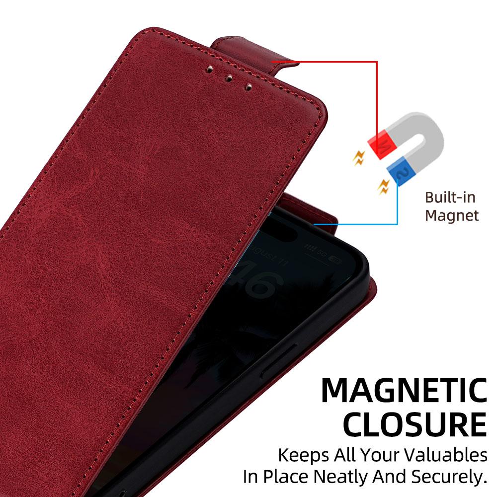 Compatible with iPhone 18 Pro Max & 17 Pro Max Vertical Flip Cover Solid Color Vegan Leather Phone Case with Crossbody Chain - Red