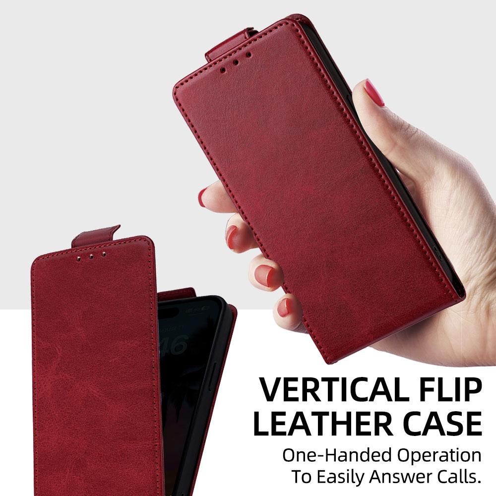 Compatible with iPhone 18 Pro Max & 17 Pro Max Vertical Flip Cover Solid Color Vegan Leather Phone Case with Crossbody Chain - Red