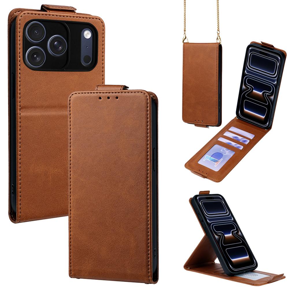 Compatible with iPhone 18 Pro & 17 Pro Vertical Flip Cover Solid Color Vegan Leather Phone Case with Crossbody Chain - Brown