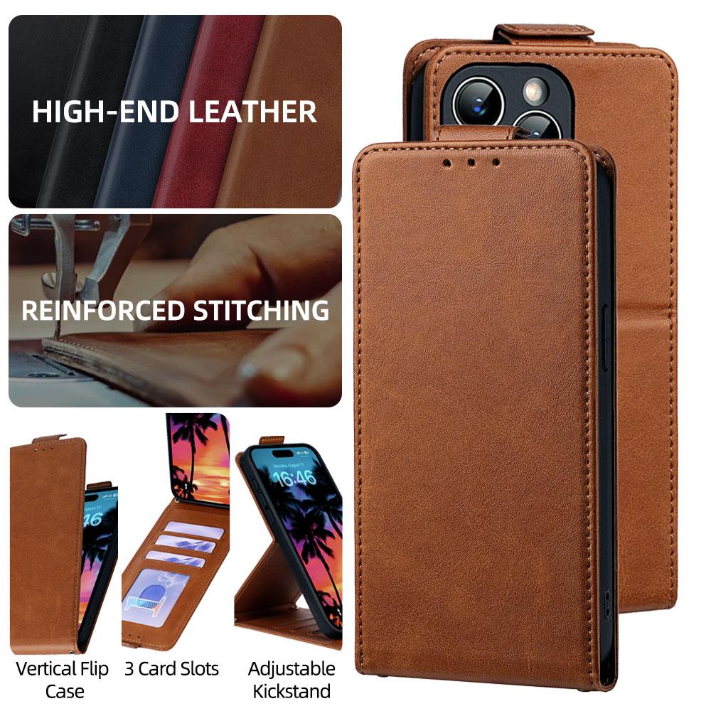 Compatible with iPhone 18 Pro & 17 Pro Vertical Flip Cover Solid Color Vegan Leather Phone Case with Crossbody Chain - Brown