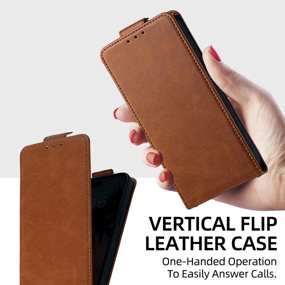 Compatible with iPhone 18 Pro & 17 Pro Vertical Flip Cover Solid Color Vegan Leather Phone Case with Crossbody Chain - Brown