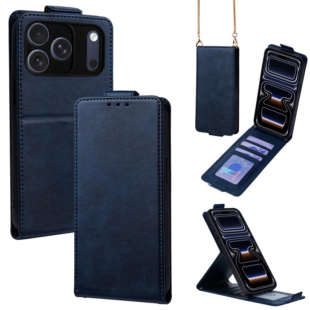 Compatible with iPhone 18 Pro & 17 Pro Vertical Flip Cover Solid Color Vegan Leather Phone Case with Crossbody Chain - Blue
