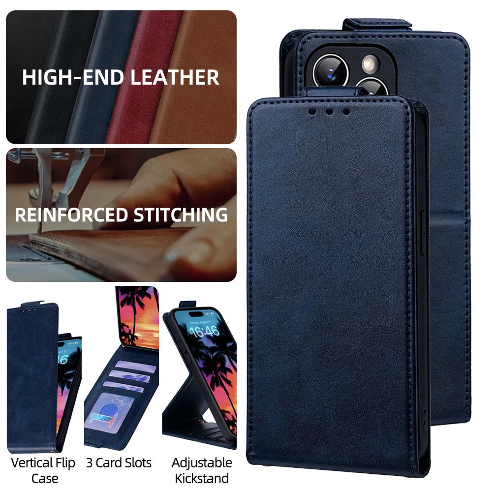 Compatible with iPhone 18 Pro & 17 Pro Vertical Flip Cover Solid Color Vegan Leather Phone Case with Crossbody Chain - Blue