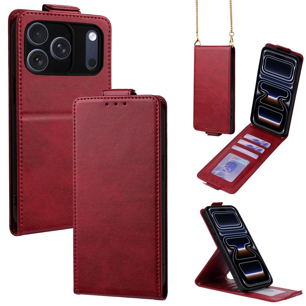 Compatible with iPhone 18 Pro & 17 Pro Vertical Flip Cover Solid Color Vegan Leather Phone Case with Crossbody Chain - Red