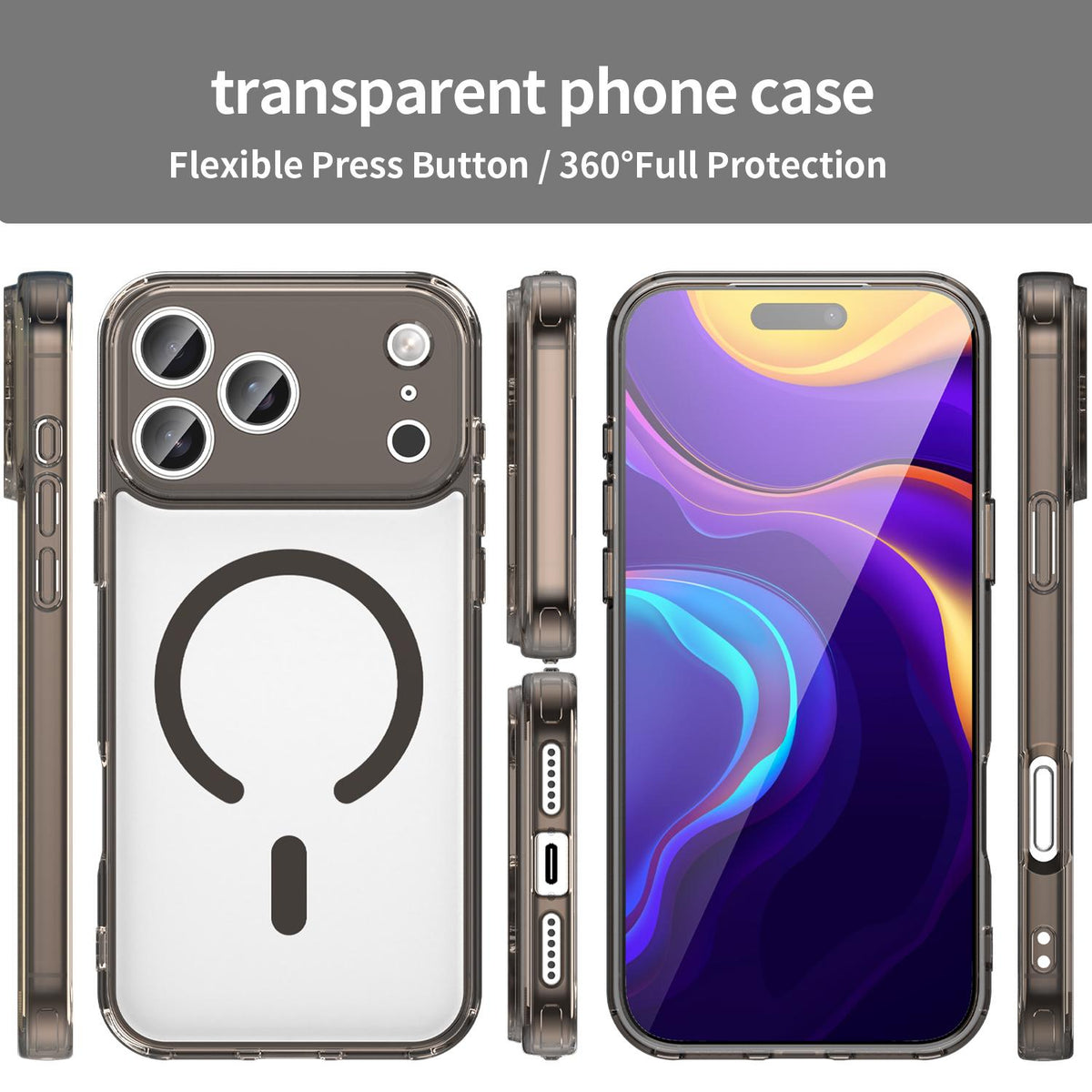 Compatible with iPhone 18 Pro Max PC Dual-Layer TPU Airbag Shockproof MagSafe Phone Case - Transparent Black