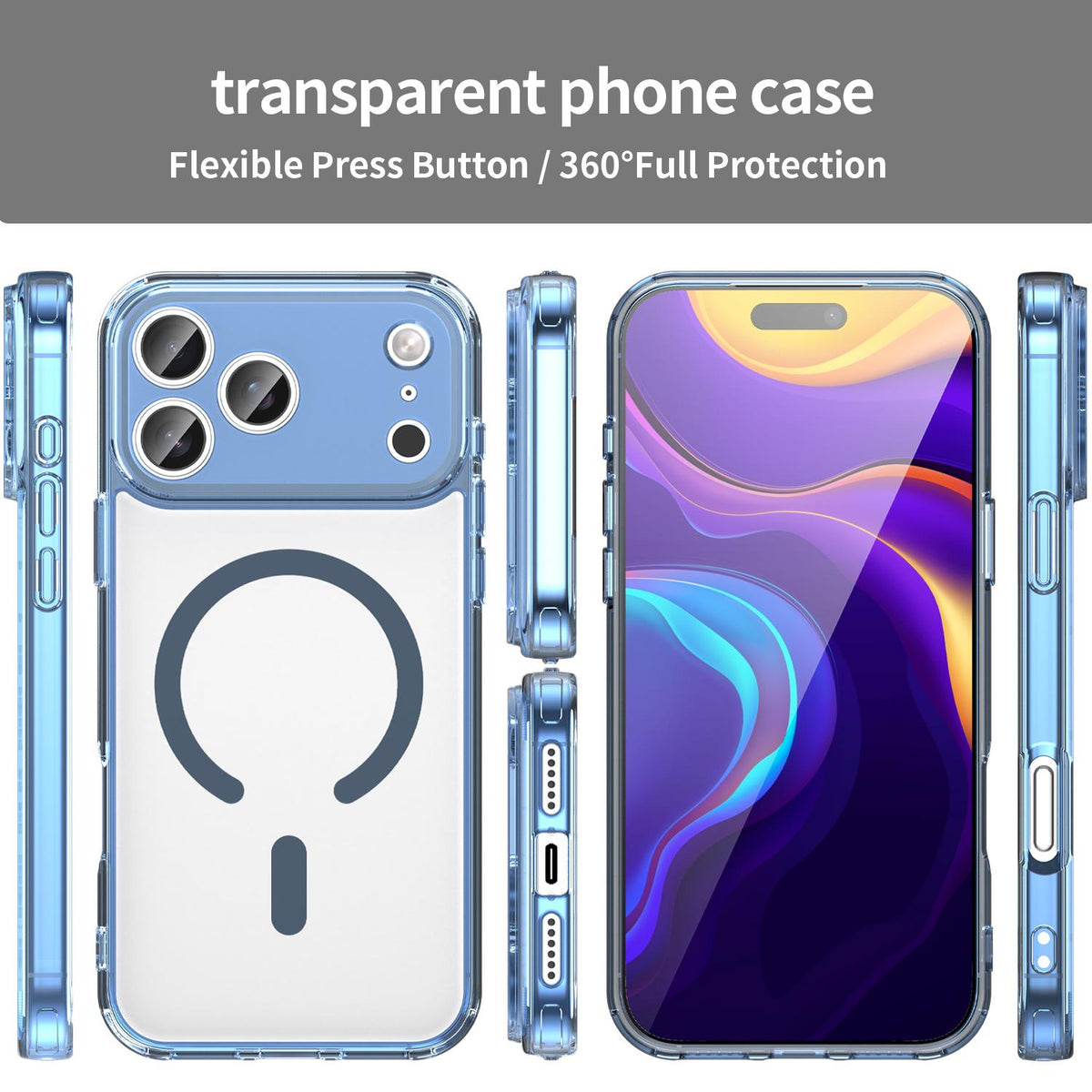 Compatible with iPhone 18 Pro Max PC Dual-Layer TPU Airbag Shockproof MagSafe Phone Case - Transparent Blue