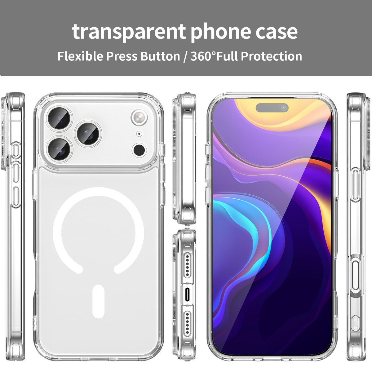 Compatible with iPhone 18 Pro Max PC Dual-Layer TPU Airbag Shockproof MagSafe Phone Case - Transparent