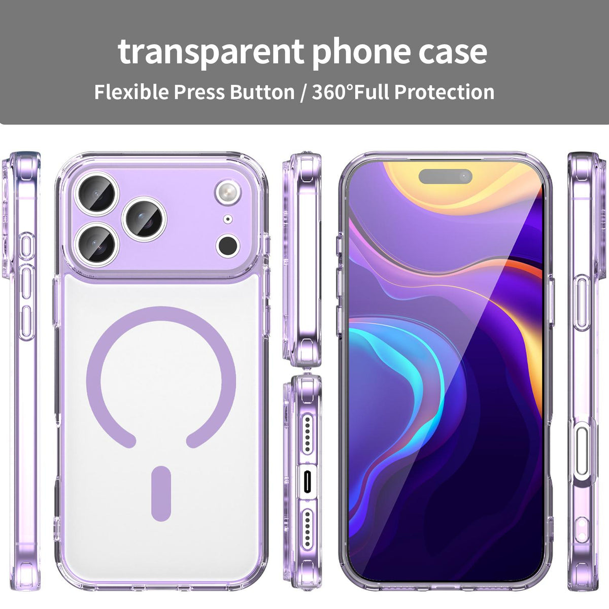 Compatible with iPhone 18 Pro Max PC Dual-Layer TPU Airbag Shockproof MagSafe Phone Case - Transparent Purple