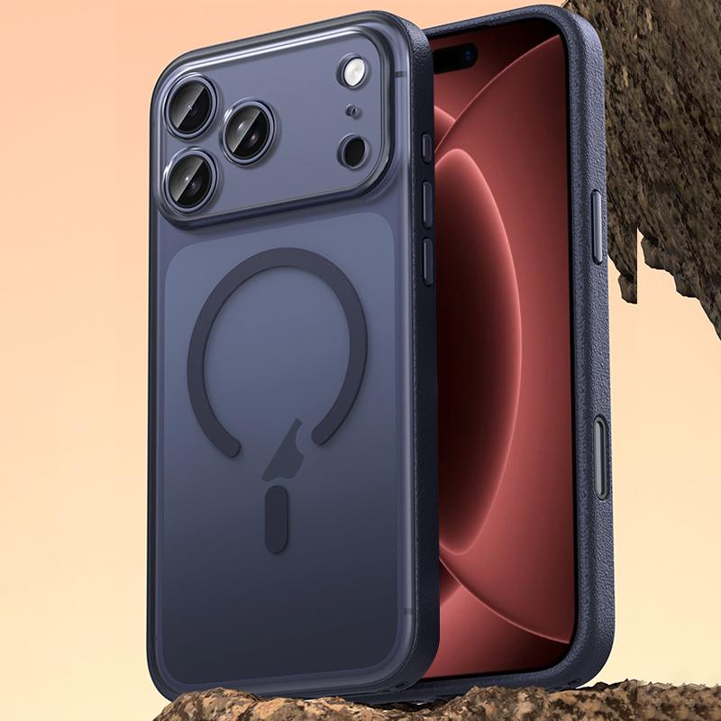 Compatible with iPhone 18 Pro Max Vegan Leather Magnetic Phone Case - Deep Sea Blue
