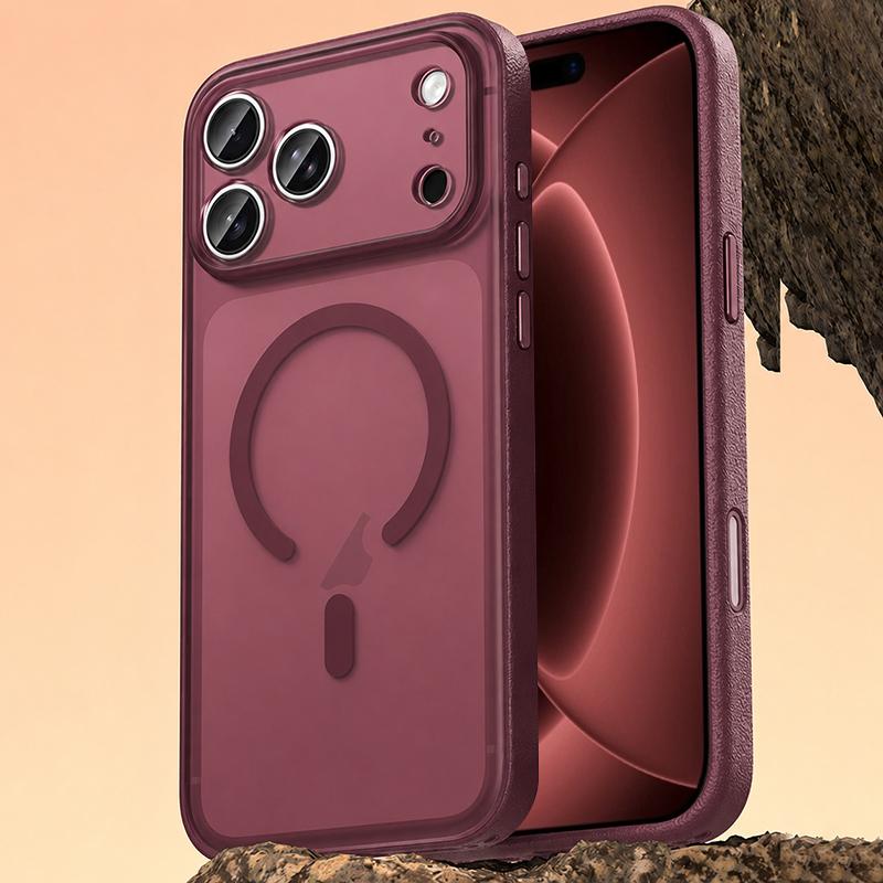 Compatible with iPhone 18 Pro Max Vegan Leather Magnetic Phone Case - Wine Red