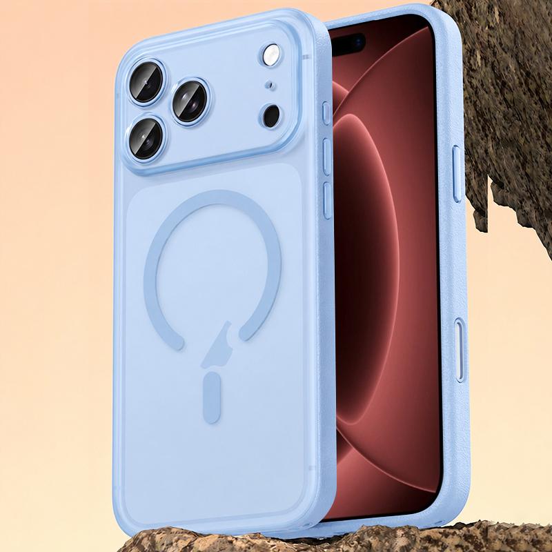 Compatible with iPhone 18 Pro Max Vegan Leather Magnetic Phone Case - Sky Blue