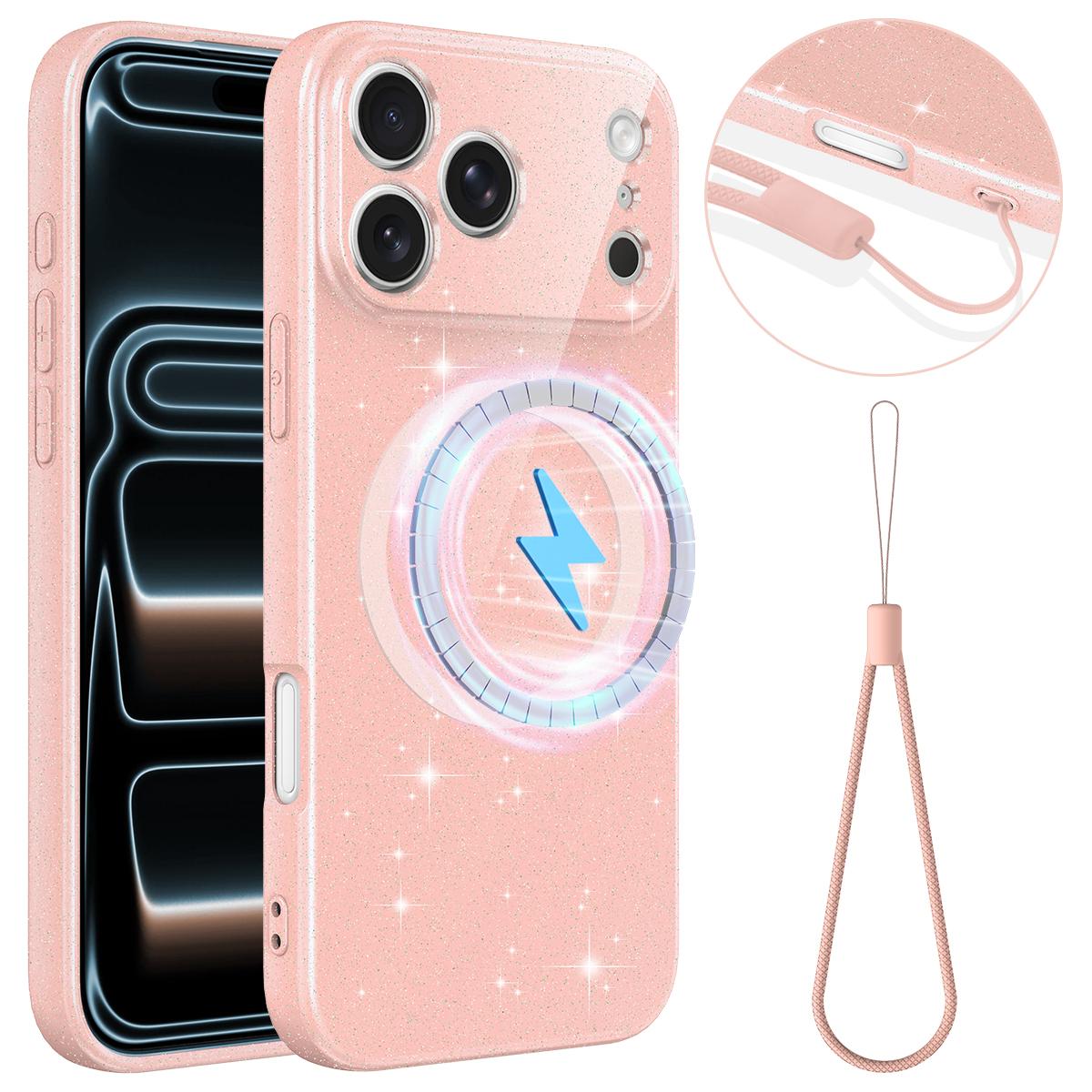 Compatible with iPhone 18 Pro Max Fine Hole Glossy Glitter Magnetic TPU Phone Case with Same Color Hand Strap - Pink