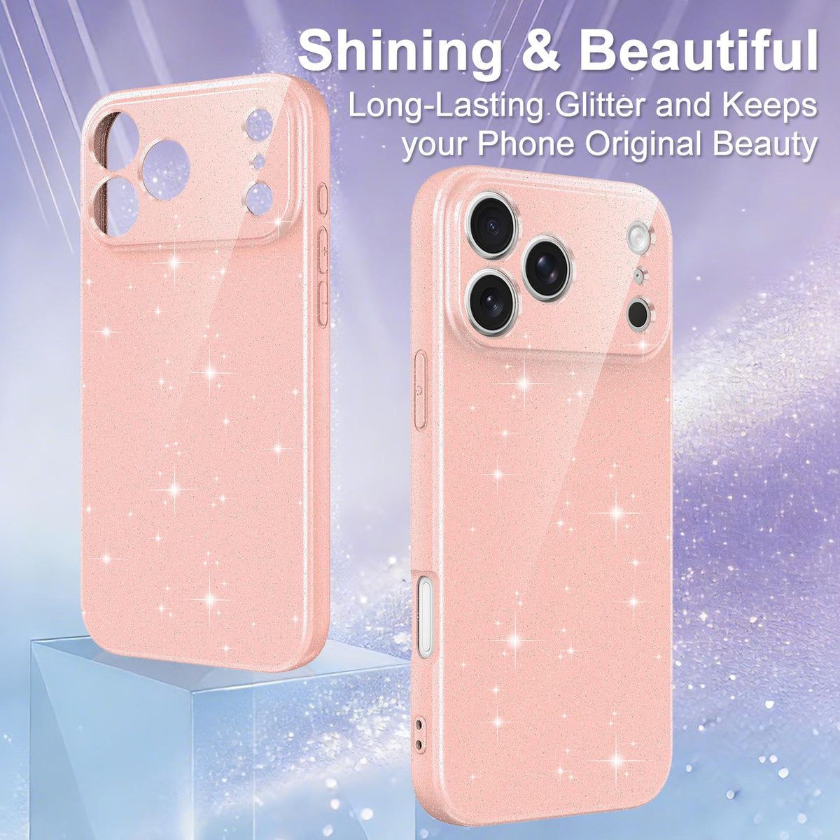 Compatible with iPhone 18 Pro Max Fine Hole Glossy Glitter Magnetic TPU Phone Case with Same Color Hand Strap - Pink