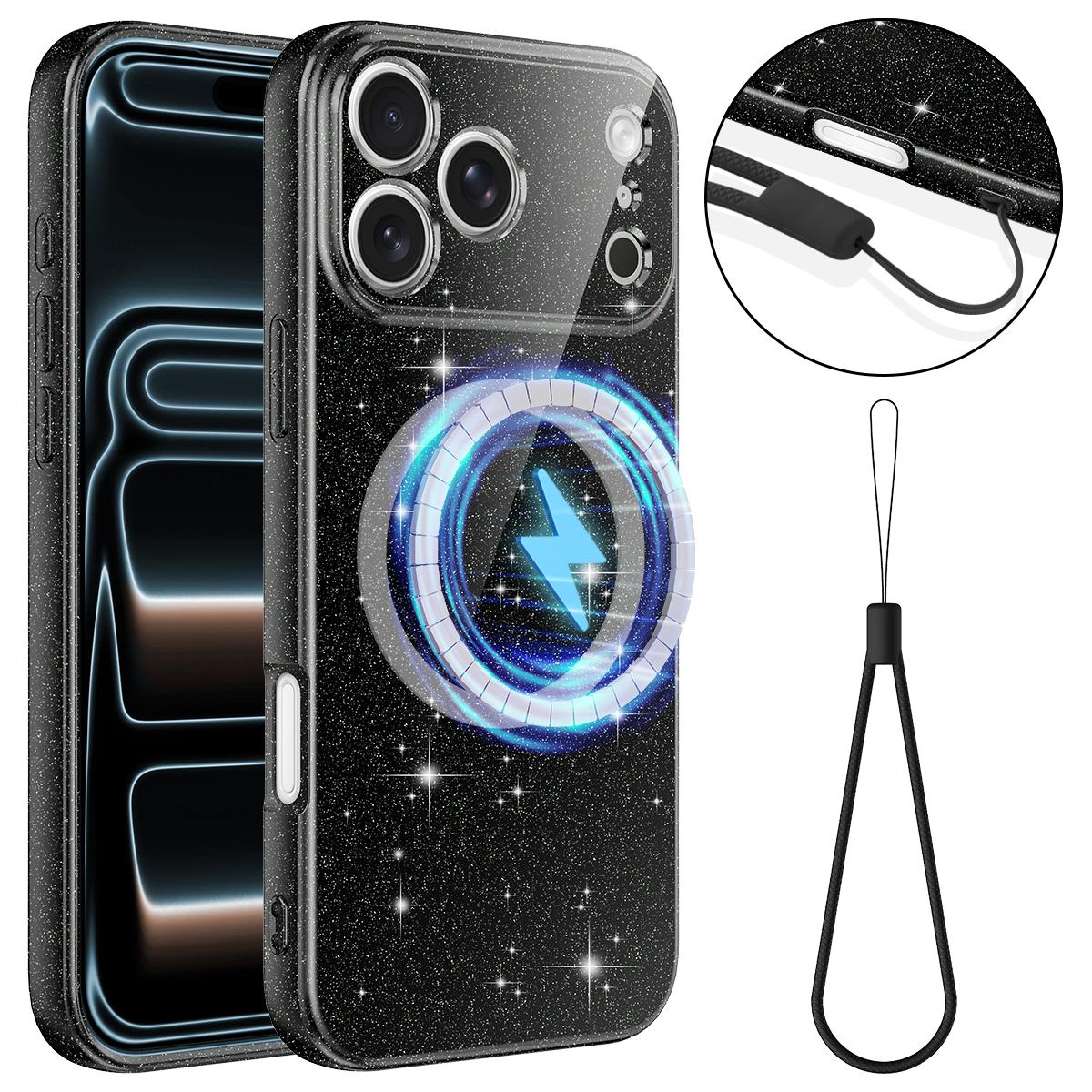 Compatible with iPhone 18 Pro Max Fine Hole Glossy Glitter Magnetic TPU Phone Case with Same Color Hand Strap - Black