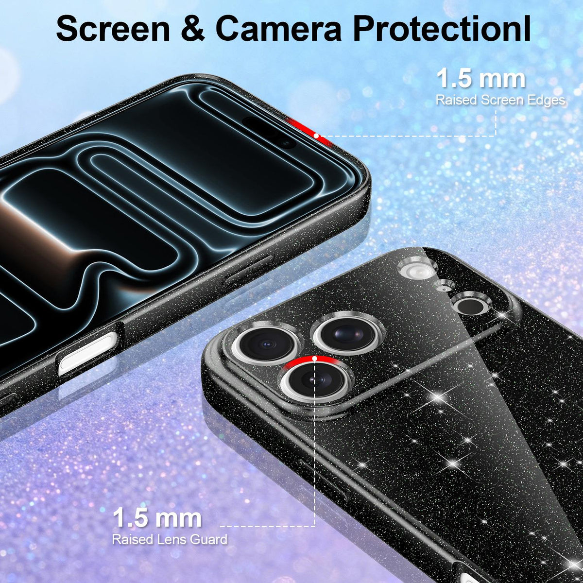 Compatible with iPhone 18 Pro Max Fine Hole Glossy Glitter Magnetic TPU Phone Case with Same Color Hand Strap - Black