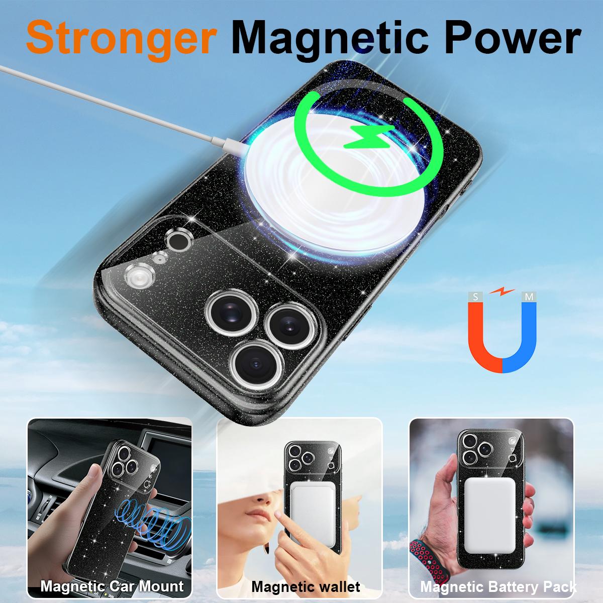 Compatible with iPhone 18 Pro Max Fine Hole Glossy Glitter Magnetic TPU Phone Case with Same Color Hand Strap - Black